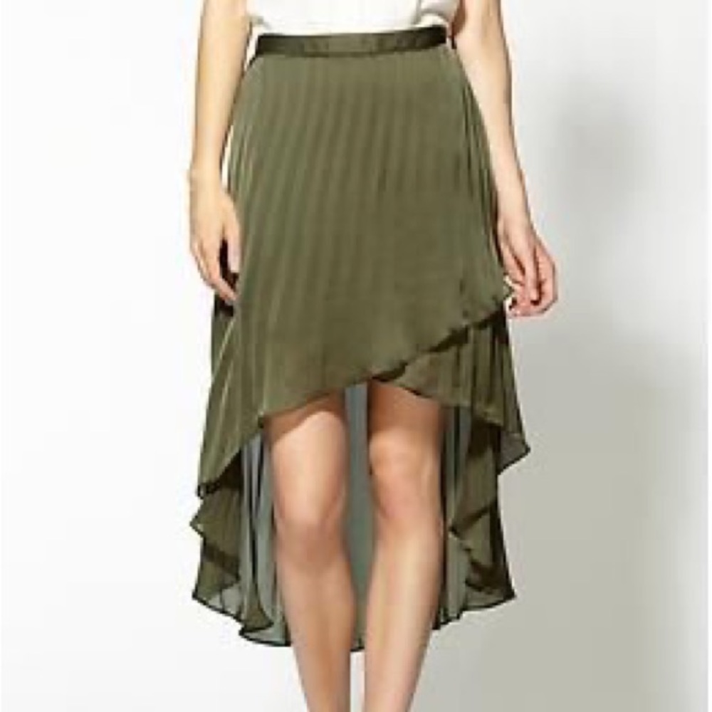 REVOLVE Line & Dot Pleated Silk Faux-Wrap Olive Green Skirt size Large NEW